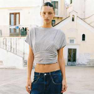 Camiseta Corta de Mujer, Manga Corta, Color Sólido, Tejido de Punto, Mezcla de Algodón, Cintura Ajustable, Casual, Ecológica, Corte Ajustado, para Verano - Product Image 6