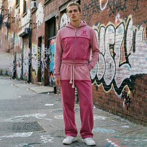 Conjunto Deportivo OEM para Hombre, Lavado al Ácido, con Bloques de Color Desmontables, Pedrería y Efecto Desgastado, Sudadera con Capucha y Pantalones de Felpa Francesa - Product Image 1