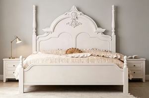 Premium Queen Size White Wood Spindle <b>Bed</b> With Ornate Carved Floral Headboard For French Country Bedroom - Product Image 5
