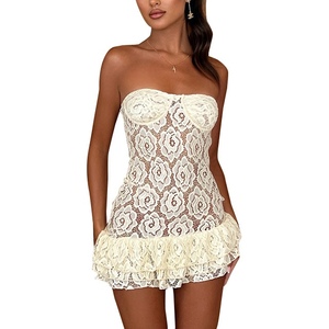 Nouvelles robes d'été pour femmes, couleur unie, smockées, dentelle transparente, taille haute, vente en gros, mode - Product Image 3