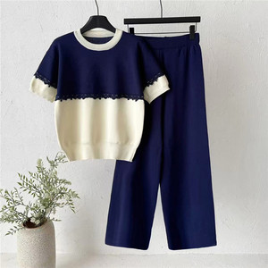 Ensemble pull tricoté d'été pour femme, manches courtes, col rond, blocs de couleur, pantalon coupe ample, tenue deux pièces, coupe ajustée, vêtements décontractés - Product Image 2