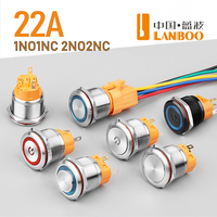 LANBOO Tombol Tekan Logam 22mm Terlaris 1NO1NC 2NO2NC Opsional Cincin Bercahaya Tahan Air Kaki Berlapis Emas