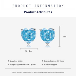 Fashion Jewelry Brass 925 Silver Trendy Statement Needle 10*10mm Heart Cut Zircon <b>Stud</b> <b>Earrings</b> Multi-Color Unisex Party - Product Image 2