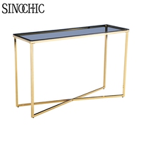 Table console en verre trempé longue avec pieds en métal chromé, table de couloir miroir fine