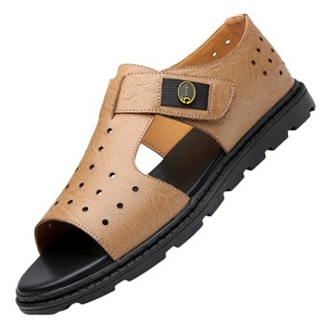 Sandales plates pour hommes en cuir véritable à motif uni, bout ouvert, semelle en caoutchouc respirante, chaussures décontractées d'été avec sangle Velcro - Product Image 5