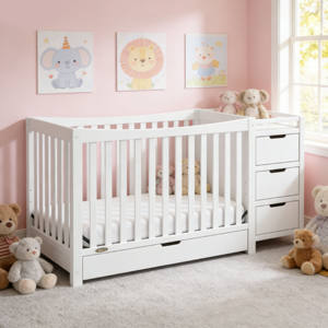 Cuna convertible 3 en 1, ecológica, moderna, de madera maciza, elegante, con cajón inferior grande, para dormitorio o sala de estar. - Product Image 1