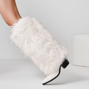 Big Size 46 Women Chunky Heels Plush Fur <b>Long</b> Booties on Fluffy Knee High Boots Winter Furry Snow Wide Fit Shoes - Product Image 5