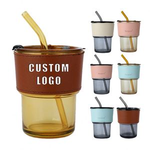 Cadeau d'entreprise promotionnel : Tasse en verre avec couvercle et paille, personnalisable, 15 oz, pour thé ou café, avec logo - Product Image 1