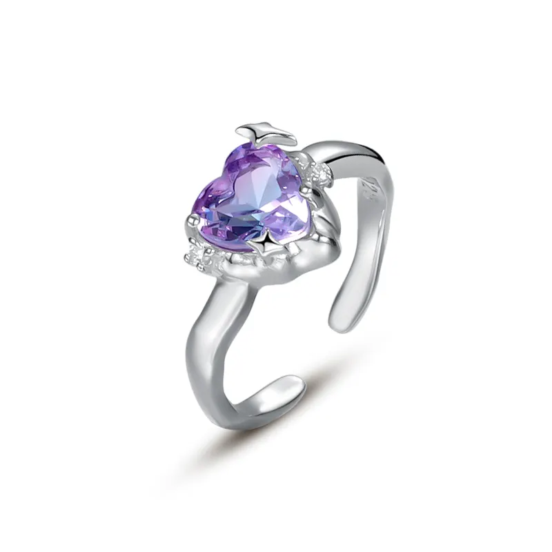 Cincin batu zirkon cantik untuk wanita, cincin hati ungu besar perak murni 925 bisa disesuaikan