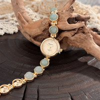 Jam Tangan Gelang Wanita Mewah Ringan Vintage Jam Tangan Kuarsa Baja Emas Permata Onyx Hijau Giok Mata Harimau Hadiah Perhiasan Ulang Tahun Valentine