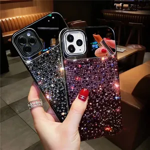 make up mirror crystal rhinestone soft case for iphone 12 13 pro max,for iphone 12 luxury glitter bling phone case