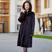 Eleganter Damen-Pelzmantel im Nerz-Stil, Extra Lang, Winter-Warm, Lässige Oberbekleidung mit Kapuze, Naturfarben, Echter Nerz