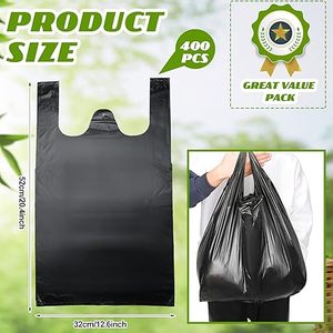 <b>Extra</b> <b>Large</b> Durable Black T-Shirt Carry Bags with Reinforced Handles, Thick Heavy Duty Plain Plastic Bags Ideal for Supermarket - Product Image 2