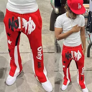 OEM özel Streetwear renk bloke puf baskı ağır pamuk geniş bacak Baggy özel Jogger Flared ter pantolon erkekler için