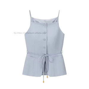 Ensemble deux pièces pour femme : débardeur et pantalon large, avec boutons sur le devant, style peplum, ceinture, tenue décontractée et élégante pour le bureau - Product Image 4