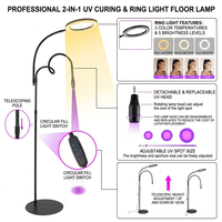 Lampe UV pour cils avec anneau lumineux 2-en-1, lampe de sol pour séchage des cils, faisceau UV réglable et tête remplaçable