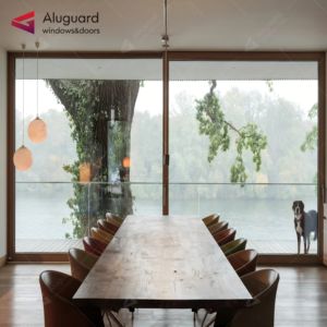 Porte coulissante professionnelle à <span class=keywords><strong>double</strong></span> panneau de verre avec cadre mince en aluminium avec boîtier de porte pour entrée de villa pour intérieur de jardin - Product Image 5