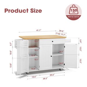 Carrito de Cocina Móvil SENYU con Tablero de Madera Maciza Abatible, Gabinete Blanco, Estante de Almacenamiento, Cajón y Ruedas para Cocina - Product Image 4