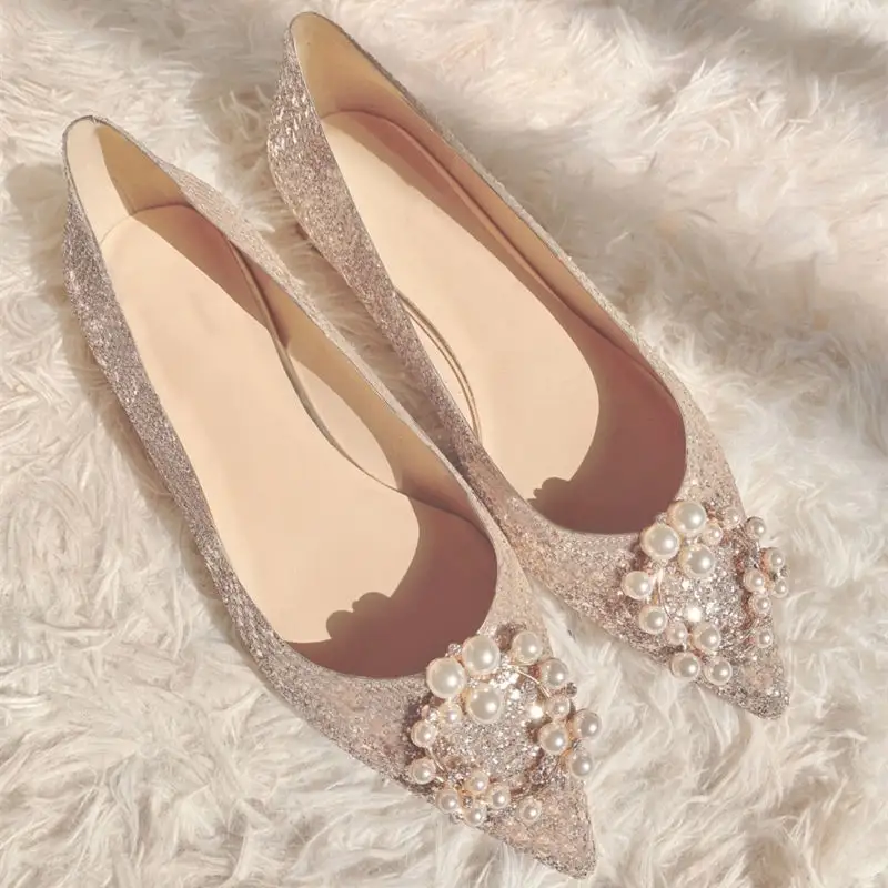 TX New 2021 big size rhinestone pearl pointed bridesmaid low heel shallow saliva sparkly single silver bridal shoes flat