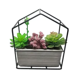 Rectangle cement flowerpot with metal house shaped holder portable bonsai pots scculents pot for home decor
