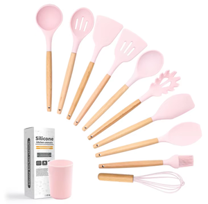 أدوات مطبخ سيليكون بمقبض خشبي أبيض كريمي، ملعقة طهي غير لاصقة بالجملة، أدوات مطبخ OEM ODM - Product Image 2