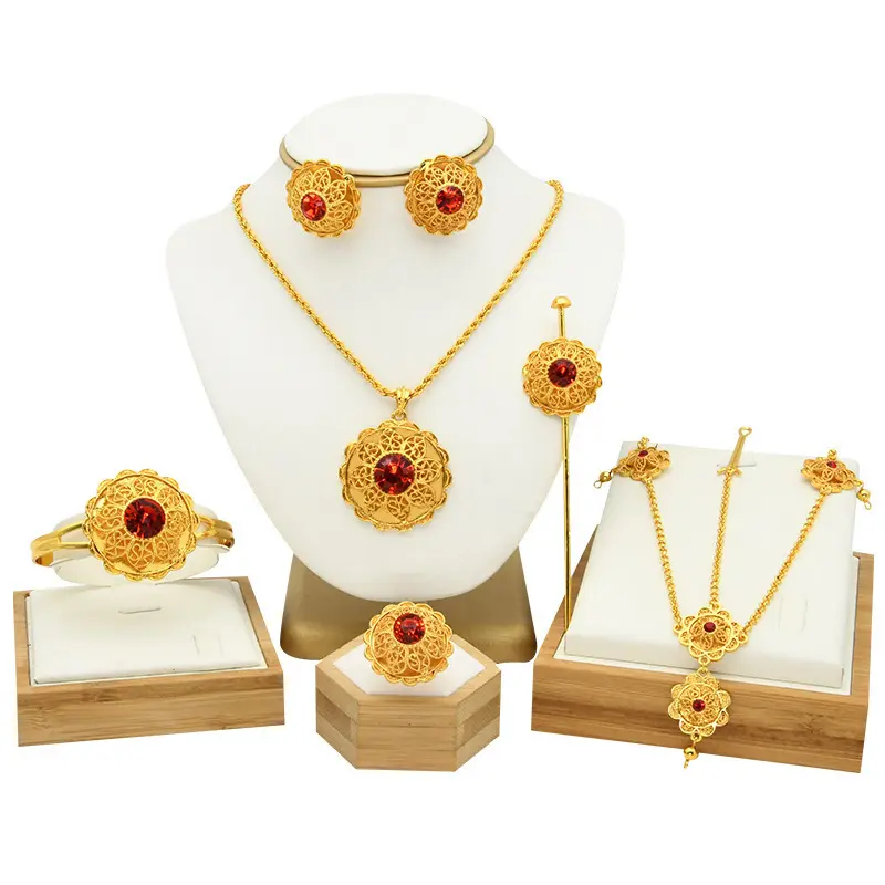 6 Pcs Fashion Jewelry Ethiopian Bride 18K Gold Plated Necklace Earrings Bracelets Head Chain Jewelry Set