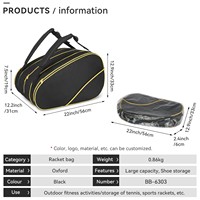 Sac de sport extérieur grande capacité personnalisé pour 6 raquettes, sac à dos portable imperméable pour tennis, badminton et pickleball