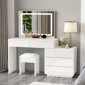 Table de toilette en bois blanche simple et abordable pour chambre à coucher <span class=keywords><strong>avec</strong></span> <span class=keywords><strong>miroir</strong></span>, ensemble de meubles de maison modernes de luxe <span class=keywords><strong>avec</strong></span> éclairage <span class=keywords><strong>LED</strong></span> pour le maquillage - Product Image 6