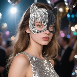 Masque de chat en strass noir et blanc, demi-visage, accessoire de fête costumée pour femmes, style mignon, en plastique - Product Image 4