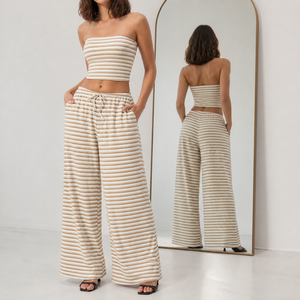 Ensemble chic Y2K en jersey côtelé rayé, comprenant un crop top bandeau ajusté et un pantalon fluide à jambes larges, personnalisable avec logo - Product Image 3