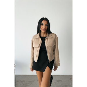 Chaqueta Bomber con Capucha de Cachemira para Mujer, Color Beige, Cierre Frontal, Estilo Universitario, Talla Grande, para Otoño y Primavera, Poliéster y Algodón - Product Image 1