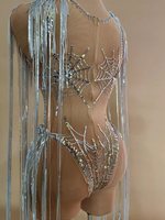 Mode voir à travers maille paillettes gland moulante body barboteuses courtes danse décapant justaucorps femmes Sexy strass combinaison