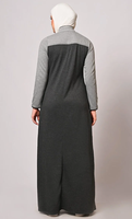 Abaya en jersey color block pour femmes, col montant, demi-boutonnage, manches longues, robe maxi islamique modeste avec poches latérales