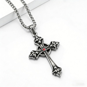 <b>Cross</b> Necklace Zinc Alloy Unisex Pendant with Red Stone Retro Style Gift Jewelry Claw Setting K-PT396 - Product Image 3