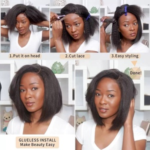 Peluca <span class=keywords><strong>de</strong></span> encaje frontal Xuchang Hair 13*4 con cierre frontal, estilo Yaki Kinky Straight Bob, color negro - Product Image 6