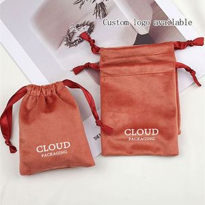 Sac à cordon en velours épais orange-rouge, pochette cadeau en flanelle douce pour bijoux, cosmétiques, cadeaux de mariage, taille/logo personnalisés - Product Image 3