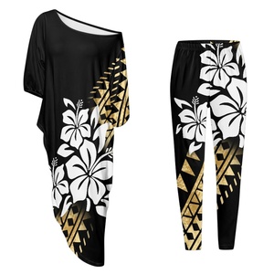 Completo Due Pezzi Casual di Alta Qualità per Donna, Stile Tribale Polinesiano Samoano con Stampa <span class=keywords><strong>Elei</strong></span>, Top Lungo a Spalle Scoperte - Product Image 6