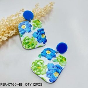 Orecchini pendenti con motivo floreale Fiori blu verdi Forma quadrata Gioielli di moda 12 pezzi - Product Image 1