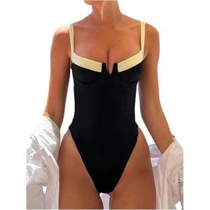 Traje de baño de una pieza personalizado para mujer, corte alto, push-up, cuello cuadrado, ribete en contraste, licra, nailon, ropa de playa - Product Image 1