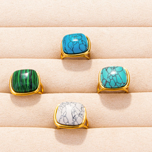 Bague géométrique carrée en pierre, ton or et argent, ajustable, bijou ouvert pour le doigt - Product Image 3