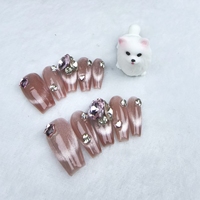 Uñas artificiales hechas a mano puras, taladro de polvo de ojo de gato medio-largo, alta calidad y reutilizable