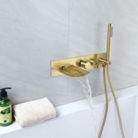 Robinet de lavabo en laiton à fermeture automatique, fixation murale à trou unique, robinet de baignoire mural, or brossé avec douchette moderne