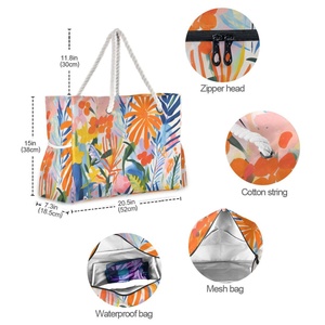 Custom Tropical Flower Waterproof Durable Zipper Pocket <b>Large</b> Capacity <b>Beach</b> Hand <b>Bag</b> With Rope Handles - Product Image 4