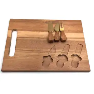 बबूल लकड़ी वर्ग पनीर बोर्ड चाकू और कांटा सेट स्लेट पनीर काटने बोर्ड