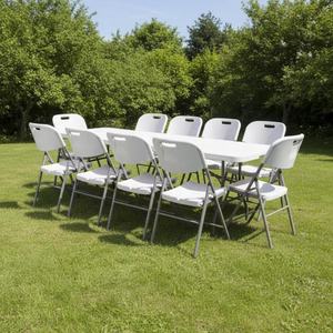 Ensemble de table et de chaises de jardin rectangulaires en plastique blanc pliables de grande capacité pour 6, 8 ou 10 personnes - Product Image 1