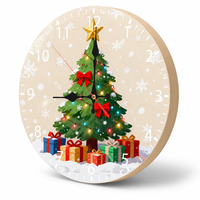 Horloge murale en bois de 25 cm, design arbre de Noël pour salon, horloge ronde imprimée UV