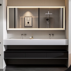 Meuble de salle de bain suspendu en bois d'hévéa, style hôtel de luxe léger, avec vasque intégrée et armoire miroir intelligente - Product Image 3