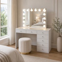 Table de toilette moderne en panneaux de bois assemblés avec éclairage LED, bureau de maquillage, table de chevet et table de rangement pour le pied de lit