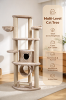 Arbre à chat multi-niveaux avec poteaux à gratter en sisal, hamac, tunnel, grand arbre à chat pour chats d'intérieur