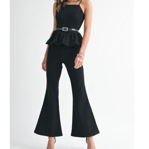 Conjunto de Dos Piezas Casual y Elegante para Mujer, Pantalones Vaqueros de Pierna Ancha con Estampado Sólido y Top Corto con Volantes, Conjunto de Mezclilla para Mujer - Product Image 1